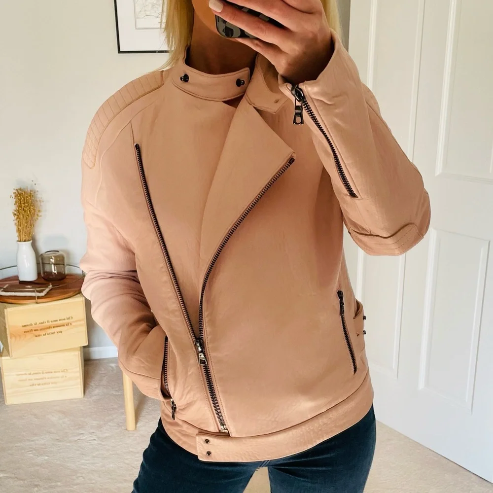 J Brand Lamb Leather Biker Jacket Blush Pink Tea Rose Size XS - Picture 4 of 10